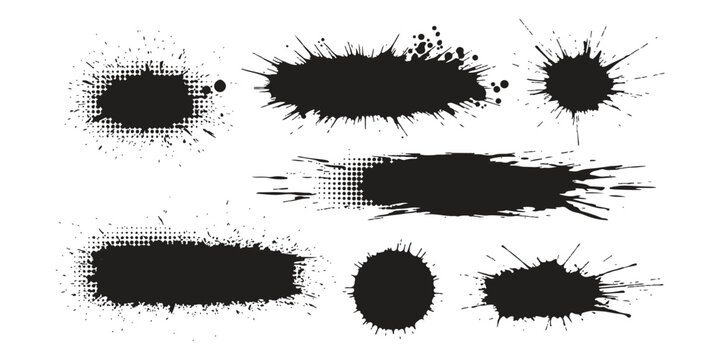 Collection of black ink splashes and paint splatter shapes with halftone dot patterns