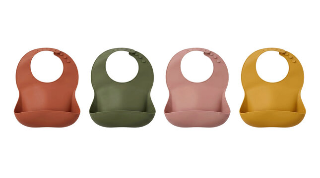 Set of four colorful silicone baby bibs with crumb catcher pockets high quality 4K PNG image high quality 4K PNG image in white background