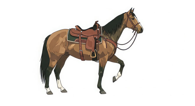 Western saddle horse standing in profile view. Brown equine with leather tack and bridle for ranch or rodeo use.