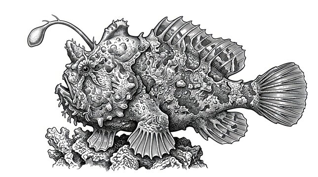 Detailed black and white illustration of a deep sea anglerfish with bioluminescent lure