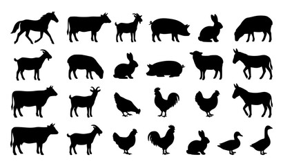Classic Farm Animal Silhouette Icons Black White Vector Set with Domestic Livestock © MdMiraz
