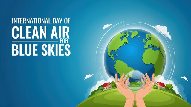 International Day of Clean Air for Blue Skies conceptual illustration with globe and green landscape