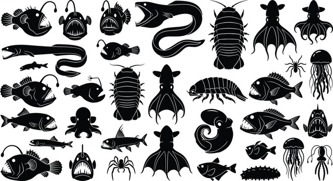Deep Sea Creatures Vector Silhouette Mega Pack Featuring Anglerfish Moray Eel Vampire Squid Isopod and Abyss Monsters