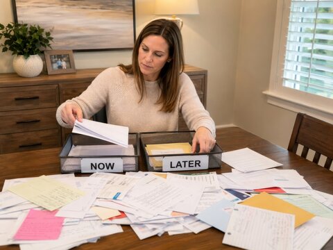 Sorting paperwork into now and later trays on cluttered home table