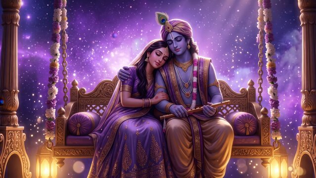 Radha Krishna Jhula - Celestial Love Spiritual Illustration