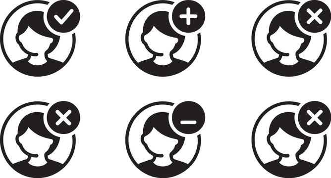 Profile avatar icon set featuring add user, remove user, approval check mark, person profile picture, account management symbols, user interface elements and editable vector illustrations.
