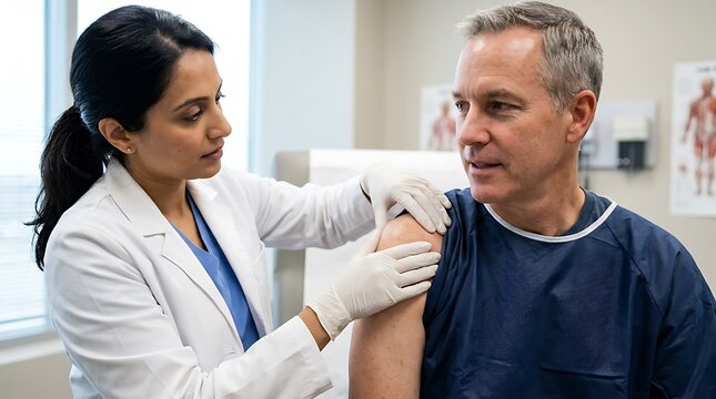 Friendly female doctor giving an injection or vaccine shot to a male patient in a modern medical clinic office room