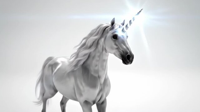 Majestic White Unicorn Galloping with Glowing Horn.