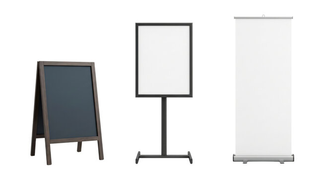 White presentation display stands and roll up banner set