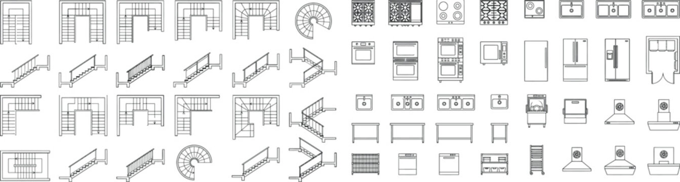 Architectural CAD block vector collection, blueprint drafting symbols with staircases, railings, doors and windows for floor plans, elevations, BIM documentation and construction drawings