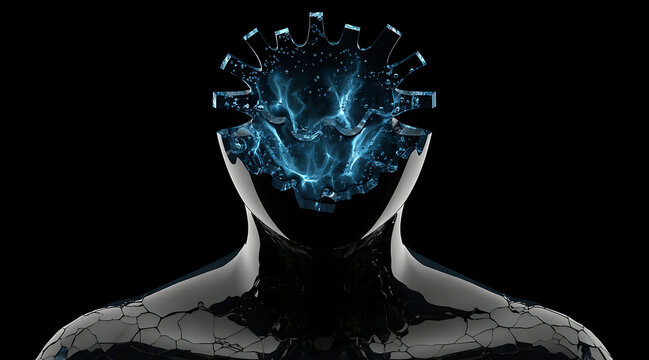 Futuristic abstract humanoid head with blue energy and cracked black shell on dark background
