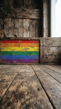 Rainbow pride flag painted on rustic wooden wall