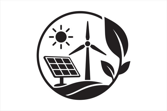 Renewable energy sustainability concept icon with solar panel and wind turbine