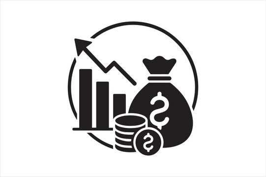 Financial growth icon with money bag and rising bar chart investment business