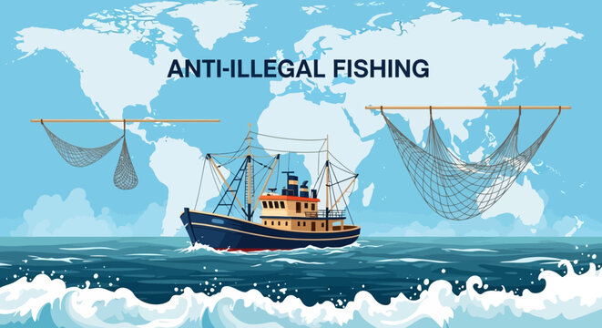 Fishing boat navigating the ocean with suspended nets symbolizes the ongoing efforts to combat illegal fishing and protect global marine environments.