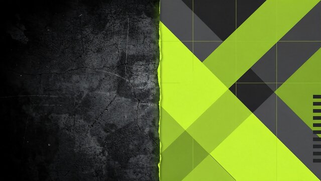 Textured dark concrete wall next to a geometric lime green and gray diagonal stripe pattern