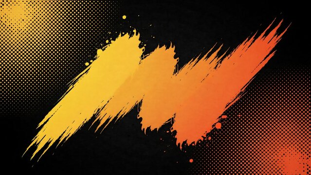 Three textured paint brush strokes in yellow and orange hues on a dark background with halftone dots