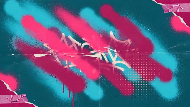 Urban graffiti style background with diagonal spray paint stripes in cyan and magenta on dark teal
