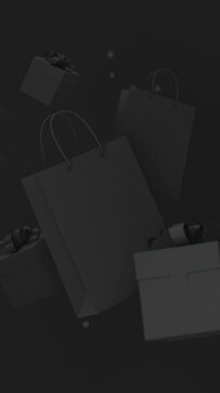Floating black gift boxes, shopping bags and confetti on dark background for Black Friday sale, 3D render seamless Vertical video.