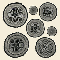 Fototapeta premium A set of seven black wood ring illustrations showing annual growth patterns with a rustic feel on a bright neutral backdrop.