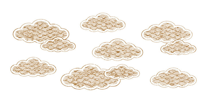 Set of decorative clouds with traditional japanese wave pattern design