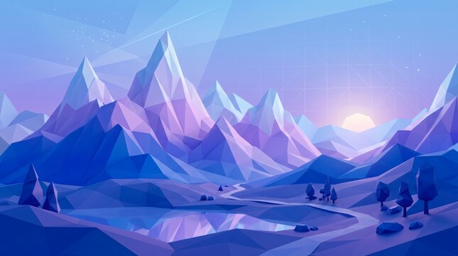 A vibrant low poly landscape depicts a serene mountain range at sunrise, featuring a winding path, reflective lake, and stylized trees under a gradient sky.