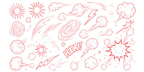 Set of hand drawn comic book explosion and action effects with clouds lightning and speech bubbles © md