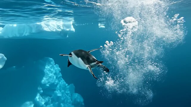 Underwater Penguin Swimming Through Bubbles Near Icebergs.