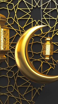 Golden Ramadan lanterns and crescent moon gently swinging on a black background with Islamic ornament, seamless 3D loop. Vertical video.