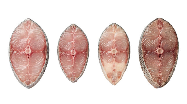 Four slices of fresh raw fish steaks arranged in a row high quality 4K PNG image in white high quality 4K PNG image in white background