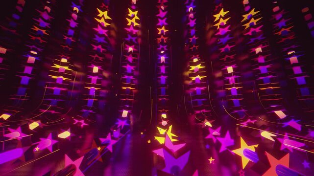 Seamless VJ loop with glowing neon stars abstract structure and psychedelic motion for high-tech club visuals, electronic music festivals, stage screens and for LED video walls