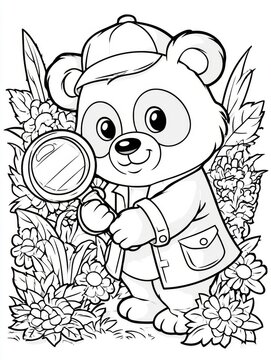 Cute Panda Detective Holding Magnifying Glass Surrounded by Flowers in a Playful Illustration