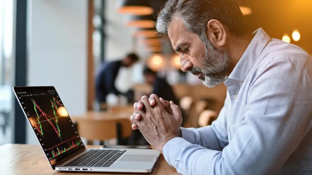 Worried Businessman Looking at Stock Market Graph on Laptop.
