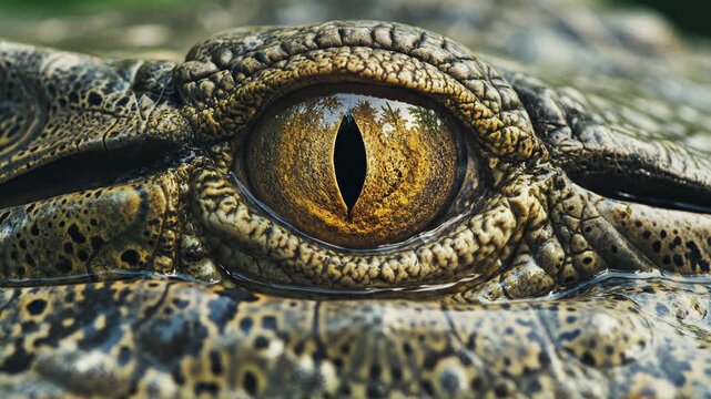 Extreme close-up of a crocodile eye with a detailed amber iris, vertical slit pupil, and a reflection of trees, showing textured scaly skin and wet reptilian features in the wild.
