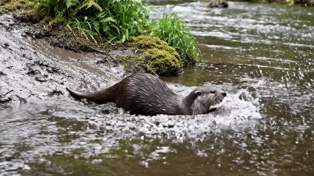 An otter emerges from a river bank and dives into the water.
