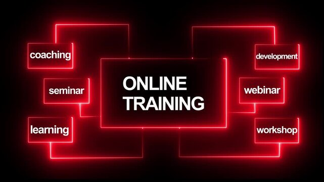 Online training concept with glowing red neon flowchart and educational keywords