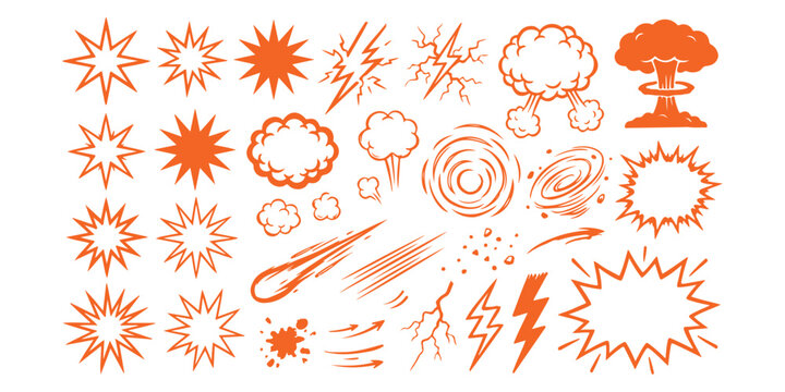 Comic book explosion and action effect icons set in orange and yellow colors