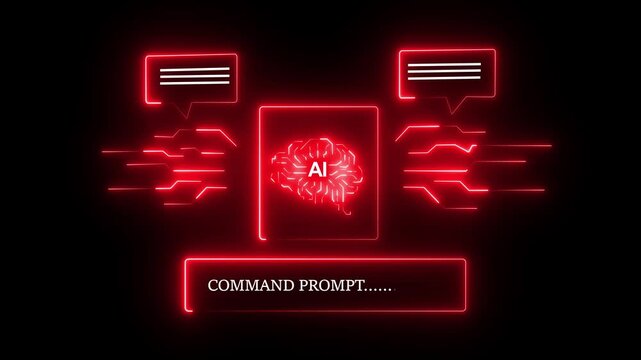 Artificial intelligence brain concept with glowing red neural network and command prompt interface