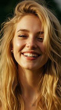 Close-up Portrait of a Young Woman with Blonde Hair Smiling Happily Outdoors.