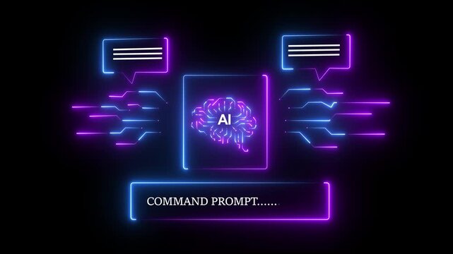 Artificial intelligence brain concept with glowing neon command prompt interface
