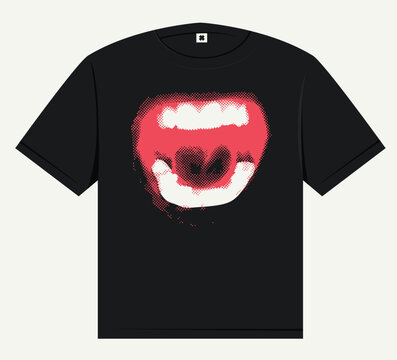 A T-shirt design featuring a distorted, bloody screaming human mouth. Grunge poster, gaming club, urban, street art.