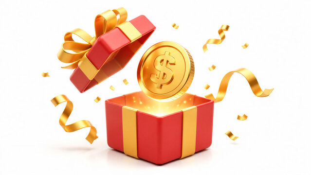 Red gift box releasing glowing gold coin on white background