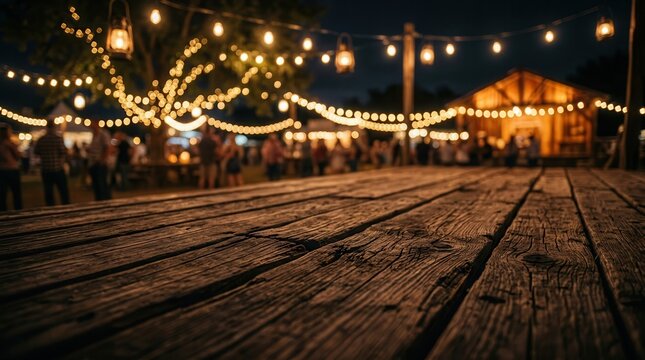 Rustic wooden stage background with warm bokeh lights for line dancing events.