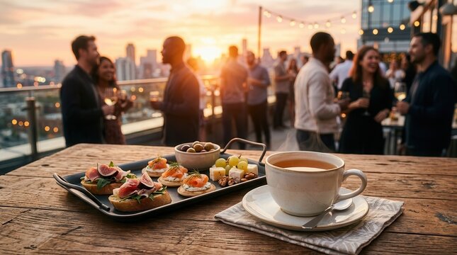Assortment of snacks and tea cups on a wooden desk during an afterwork event.