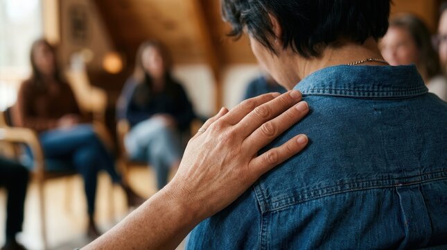 Compassion and peer support in a mental health group setting with a hand on a shoulder.
