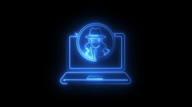 Neon cyber security with laptop and hacker silhouette for digital privacy and data protection concepts
