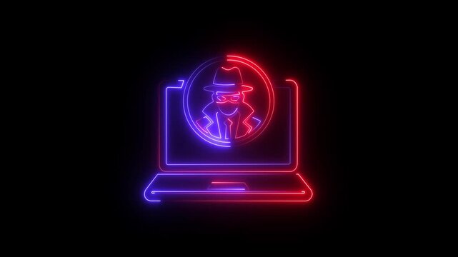 Cyber security neon sign with hacker silhouette on laptop screen