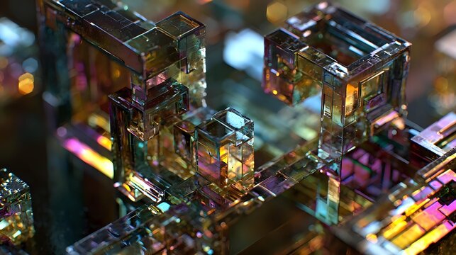 Macro bismuth inspired crystalline geometry revealing delicate iridescent metallic surfaces illuminated through balanced laboratory lighting premium scientific material visualization