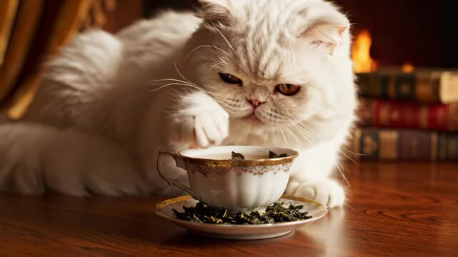 A fluffy white Persian cat delicately drinks tea from a vintage cup by a fireplace.