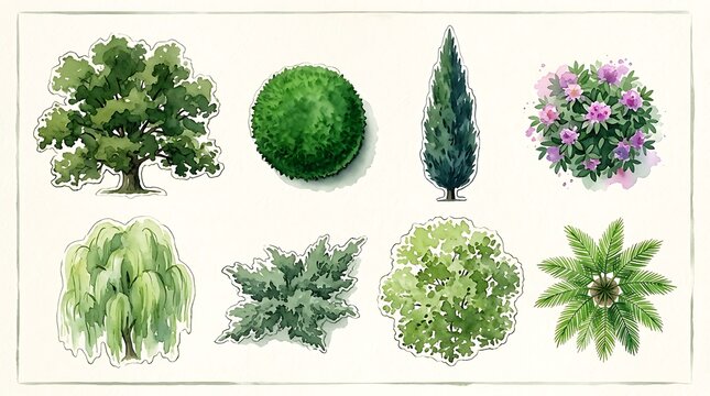 Set of various green trees and bushes for landscape design and garden architecture in a top down flat view style